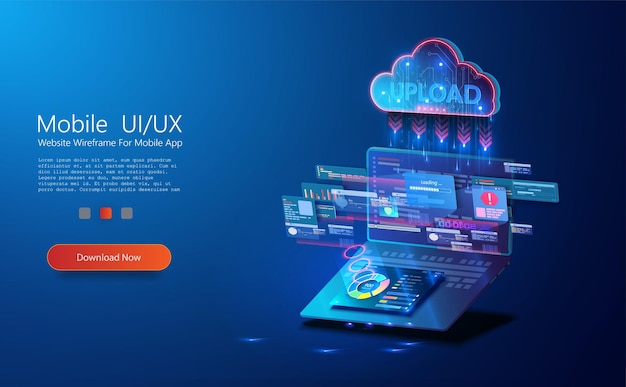 Cloud digital storage The concept of the technology of downloading from the cloud to a computer or uploading file on cloud server Data transfer application Web banner template Vector illustration