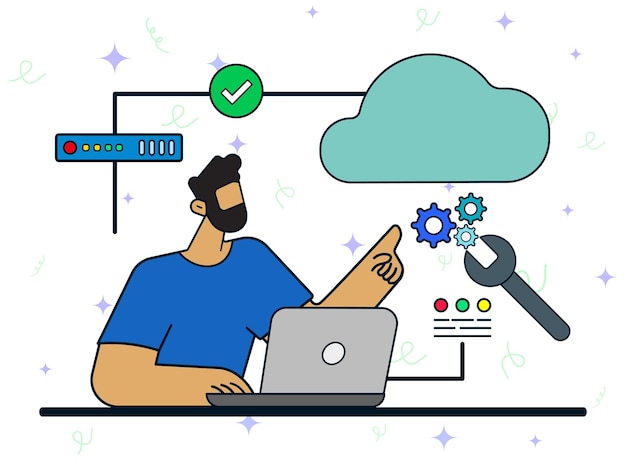 Cloud-Engine-Entwicklungskonzept Mann benutzt Laptop, um Datenbankserver zu reparieren