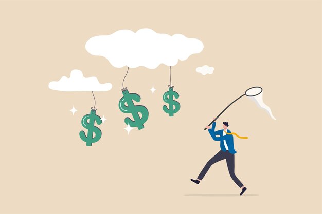 Cloud-Investitionen, neue Technologien mit Cloud-Computing-Aktien steigen auf und erzielen mehr Gewinn in einem neuen normalen Wirtschaftskonzept, Geschäftsmann-Investor fängt Dollar-Geldzeichen, die aus der Cloud fallen.