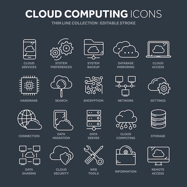 Cloud-Omputing-Internettechnologie Online-Dienste Dateninformationssicherheit Verbindung Dünnlinie blaue Web-Icon-Satz Umriss-Ikonen-Sammlung