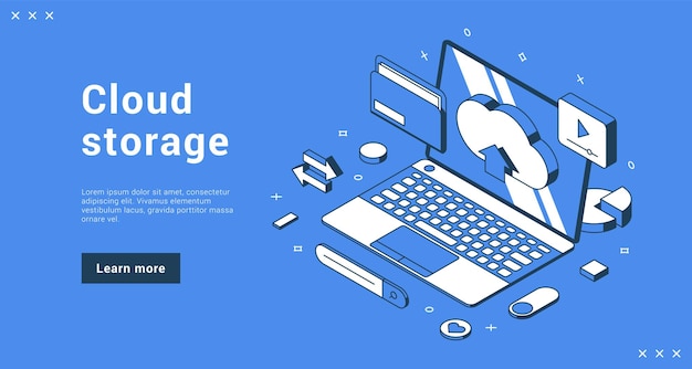 Cloud-Speicher-Laptop-Cyberspace-Netzwerk, das die isometrische Vektorillustration der digitalen Informationen der Internet-Banner-Landingpage herunterlädt. Softwaredienststruktur für Datenbank-Hosting-Technologie