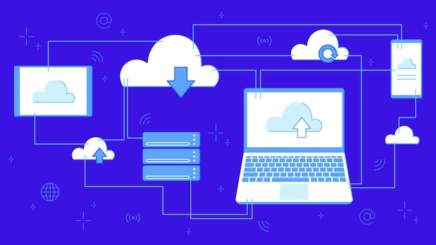 Cloud-speicher zum herunterladen. digitaler dienst oder anwendung mit datenübertragung. vernetzte computertechnologien. server und rechenzentrum, die mit der laptop-banner-vektorillustration verbunden sind