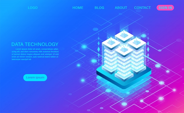 Cloud-Speichertechnologie für Rechenzentrums-Serverräume und Big Data-Verarbeitung Schutz der Datensicherheit. digitale Informationen. isometrisch. Karikatur