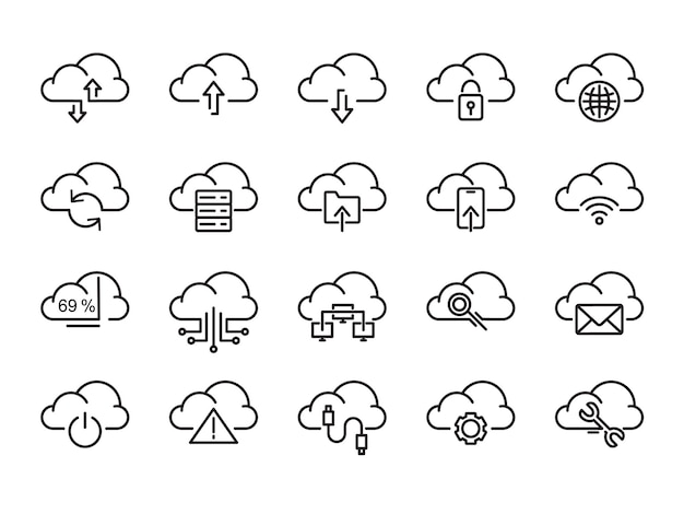 Cloud Storage Sign Schwarz dünne Linie Icon Set Vektor