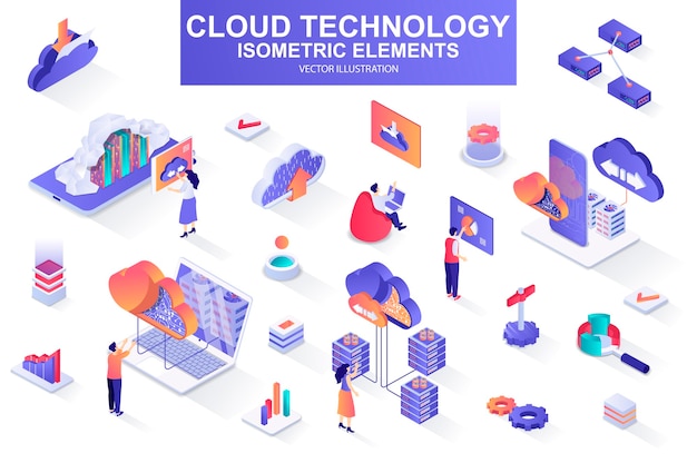 Cloud-technologie-bündel der abbildung isometrischer elemente