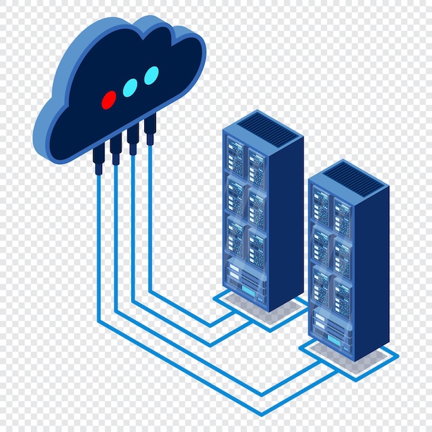Cloud-Technologie-Computing-Konzept Datenzentrum-Konzept Cloud-Speicherung Serverraum isometrische Datenbankverbindung Server-Rack Isometrische Technologie