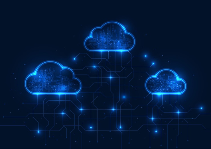Vektor cloud-technologie hintergrund cloud-speichersystem cyber-verarbeitung zusammen internet-signale wolken