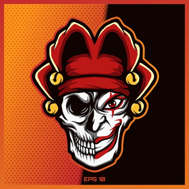 Clown skull esport- und sportmaskottchen-logo-design mit modernem illustrationskonzept für team-, abzeichen-, emblem- und durstdruck. schädel-clown-illustration auf dunkelrotem hintergrund. illustration