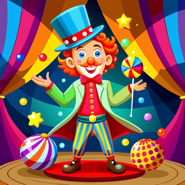 Clowns joker buffoon komiker jongleur handgezeichnetes maskottchen zeichentrickfigur aufkleber ikonen konzept