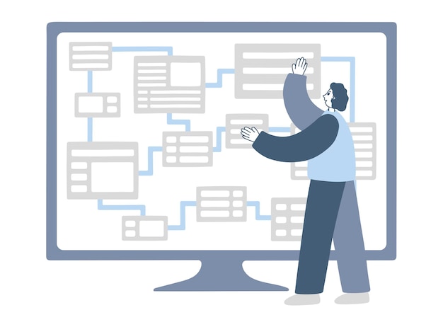 Cms-entwicklungskonzept. arbeiten sie mit einem content-management-system. flache vektorillustration