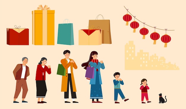 Cny-geschenke und asiatische menschen. handgezeichnete illustration von geschenkboxen und menschen aus drei generationen, darunter großeltern, eltern und kinder, am chinesischen neujahrs- und frühlingsfest