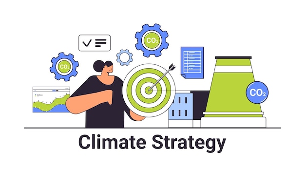 CO2-Kredit-Klimastrategie-Geschäftsfrau, die statistische Daten analysiert, zeichnet Verantwortung für das Konzept der CO2-Emissions-Umweltstrategie auf, horizontale lineare Vektorillustration