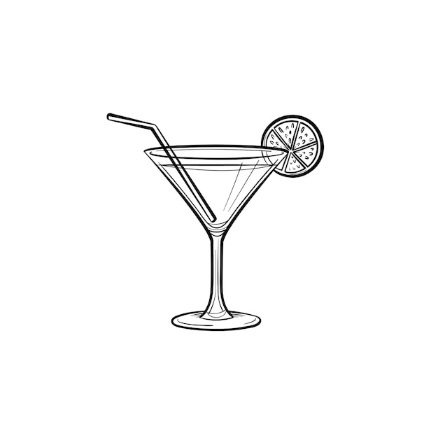 Vektor cocktail-getränk handsymbol gezeichneten umriss doodle. vektorskizzenillustration des glases mit alkoholischem cocktailgetränk für druck, netz, handy und infografiken lokalisiert auf weißem hintergrund.