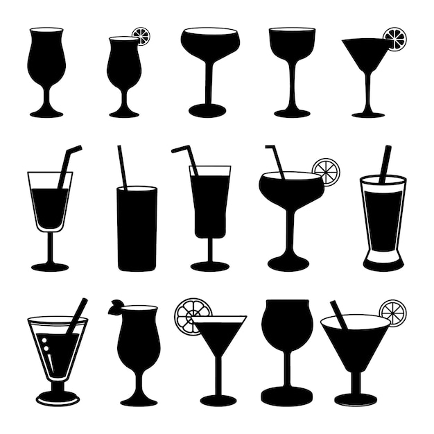Cocktail-Glas-Silhouetten Cocktail-Ikonensatz Alkoholische Cocktail- Ikonen Cocktail-Party-Silhouette