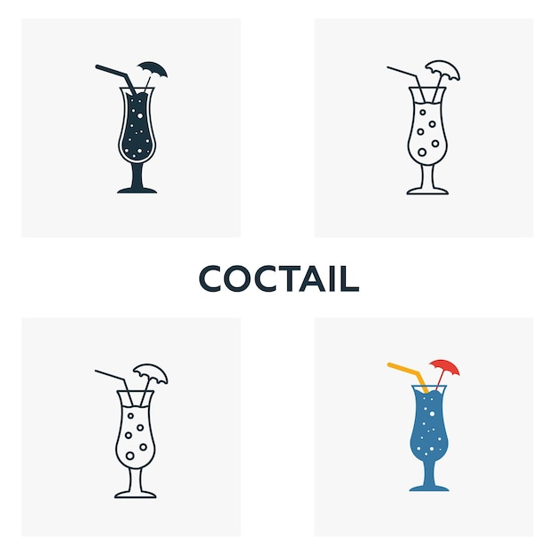 Cocktail-icon-set vier elemente in verschiedenen stilen aus der sammlung von bar- und restaurant-icons kreative cocktail-icons füllten umrisse mit farbigen und flachen symbolen