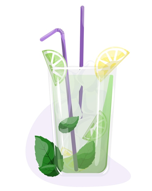 Cocktail mit kalk und minze. glas mojito-cocktail mit minze und stroh. vektor-illustration-isola