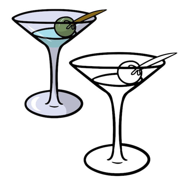 Cocktail mit oliven in einem glasglas martini-karikaturvektorillustration auf einem weißen hintergrund