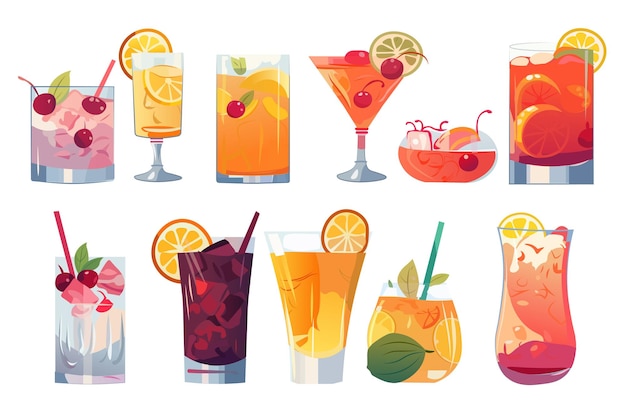 Cocktail-Set im Cartoon-Stil Ein leuchtendes Set verschiedener farbiger Cocktails mit kreativem Design