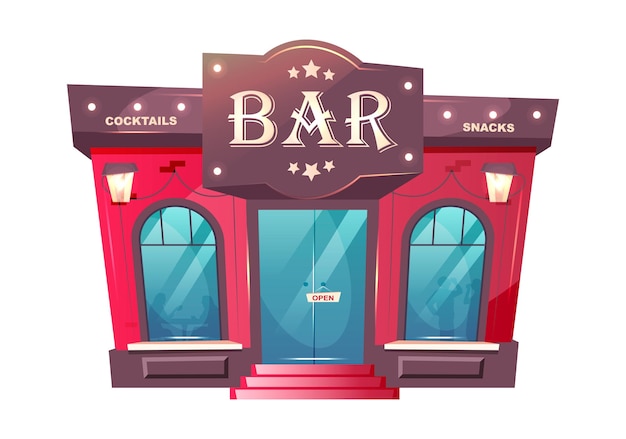 Cocktailbar Eingang Cartoon. Flaches Farbobjekt der Luxuskneipe außen. Cafe Backsteinbau Front. Premium Getränkeplatz. Restauranteingang lokalisiert auf weißem Hintergrund