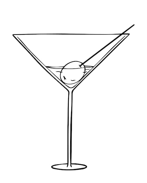 Cocktailglas mit alkoholischem getränk mit olivengekritzel linear