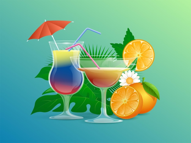 Vektor cocktails mit strohhalmen, cocktailschirmen, blumen und orangenscheiben