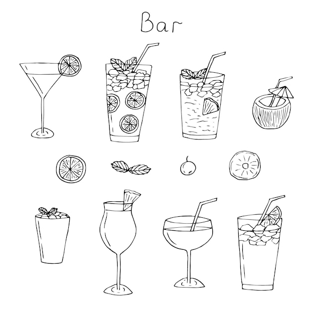 Vektor cocktails setzen vektor-illustration handzeichnung kritzeleien