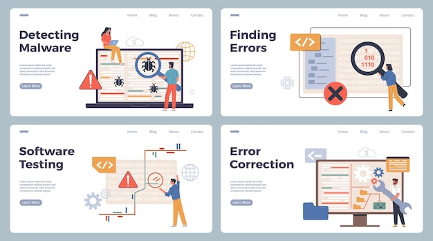 Code-Tester arbeiten Menschen überprüfen Anwendungen und Programme auf Fehler und Fehler Software-Testprozess Code-Korrektur Webseite Vorlage Cartoon-Flat-Stil isoliert heutige Vektor-Satz