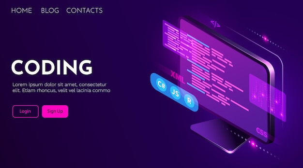 Vektor codierung und programmierung der webentwicklung futuristisches banner computercode auf dem computer