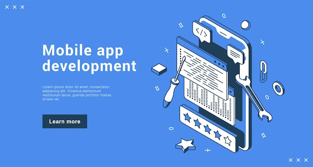 Codierungssoftware für die entwicklung mobiler apps, die isometrische vektorillustration der internet-banner-landingpage programmiert. smartphone-anwendungsschnittstelle gebäudeprozess business moderne technologie