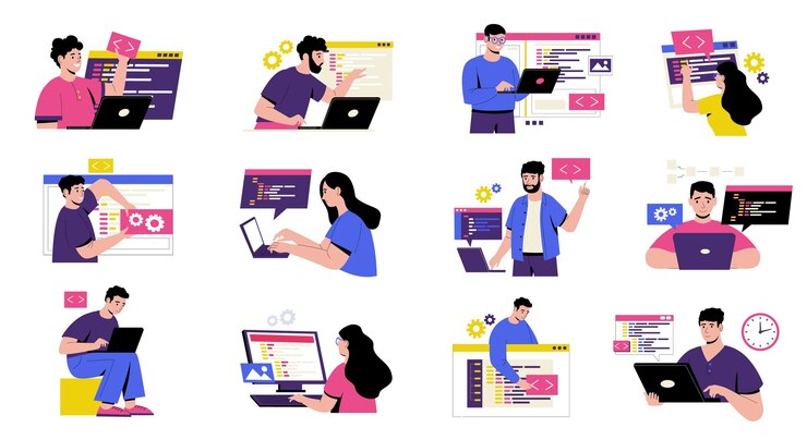 Codierungszeichen-Konzept Cartoon-Entwickler, die an Webprogrammierung und Anwendungsentwicklung arbeiten, testen Metaphern im flachen Stil Vektor isoliertes Set