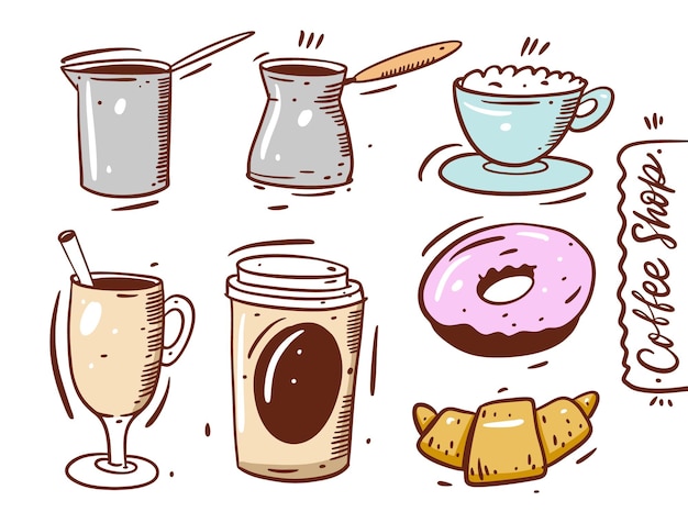 Coffee-shop-elemente eingestellt. kaffeetasse, croissant, donut, kaffee zum mitnehmen, glas und kaffeekanne. hand zeichnen cartoon-stil. auf weißem hintergrund isoliert.