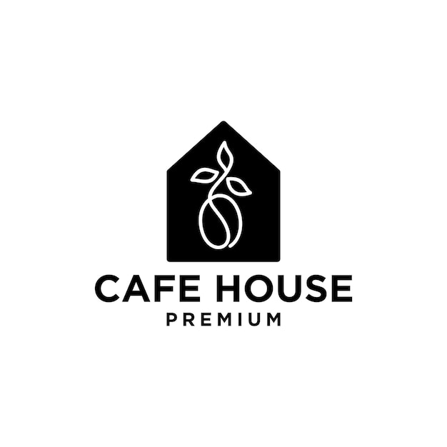 Coffee-shop-logo-design-konzept, kaffeebohne und zweigblätter mit haus-illustration