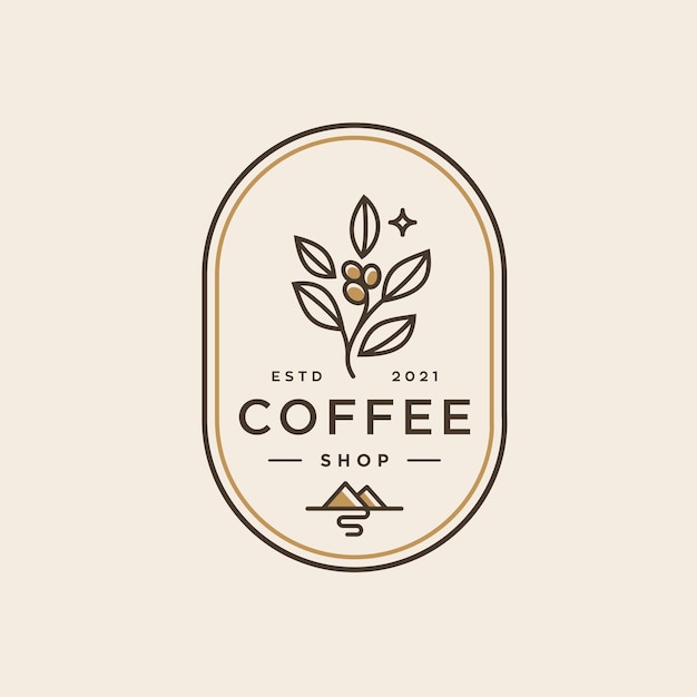 Coffee-Shop-Logo, Retro-Abzeichen, Kaffeebohne und Blattzweig mit Berg-Natursymbol-Linien-Stempellogo