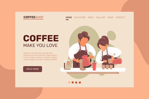 Coffee shop website landing page, webseite. cartoon wohnung