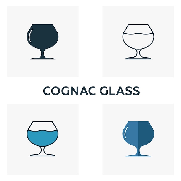 Vektor cognac-glas-icon-set vier elemente in verschiedenen stilen aus der sammlung von bar- und restaurant-icons kreative cognac-glas-icons füllten umrisse mit farbigen und flachen symbolen