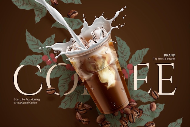 Vektor cold brew coffee ads mit retro-stil gravur auf braunem hintergrund in 3d-darstellung