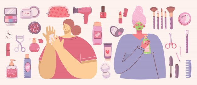 Collage aus Kosmetika und Körperpflegeprodukten zum Schminken von Mädchen mit Kosmetiktasche.