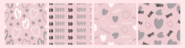 Collage aus sanften, romantischen, nahtlosen Mustern mit Herzen auf rosa Hintergrund