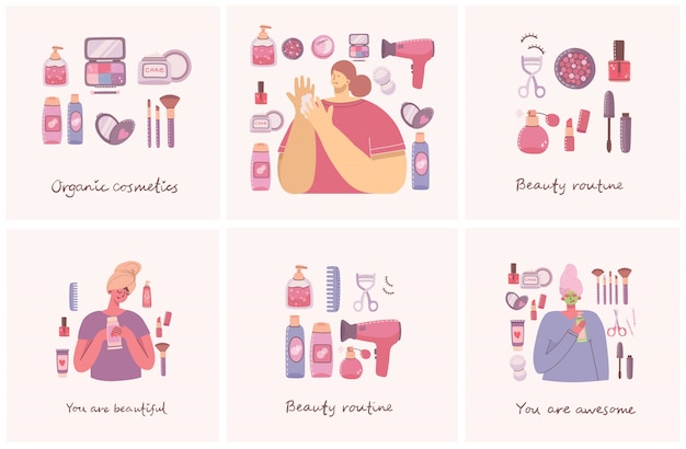 Collage von Illustrationen mit Kosmetika und Körperpflegeprodukten für Make-up in der Nähe der Mädchen. Illustration im flachen Stil.