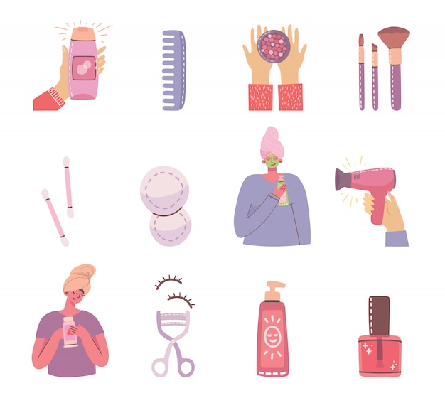 Collage von Illustrationen mit Kosmetika und Körperpflegeprodukten für Make-up in der Nähe der Mädchen. modern