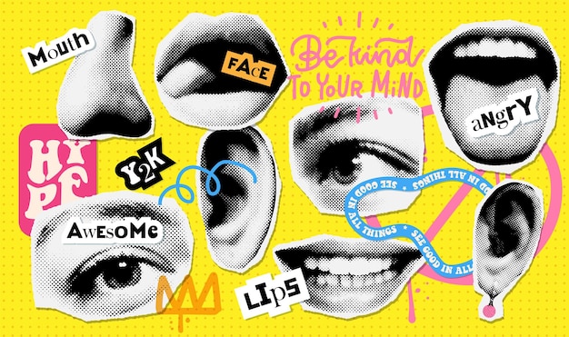 Collagenelemente im S-Punk-Stil aus Gesichtsteilen setzen Augen, Nase, Lippen und Ohr in Halbtonbehandlung im Retro-Stil