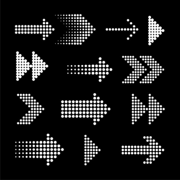 Collection of dotted arrows in various styles on a black background Dotted arrows pointing