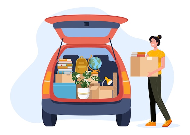 College-Student packt Auto und zieht in ein Wohnheim oder eine Wohnung.