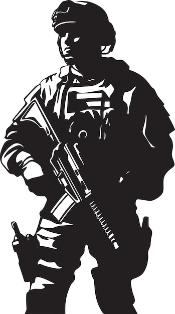 Vektor combat vigilance schwarz logo ikon eines bewaffneten soldaten krieger stärke vektor armyman emblem in schwarz