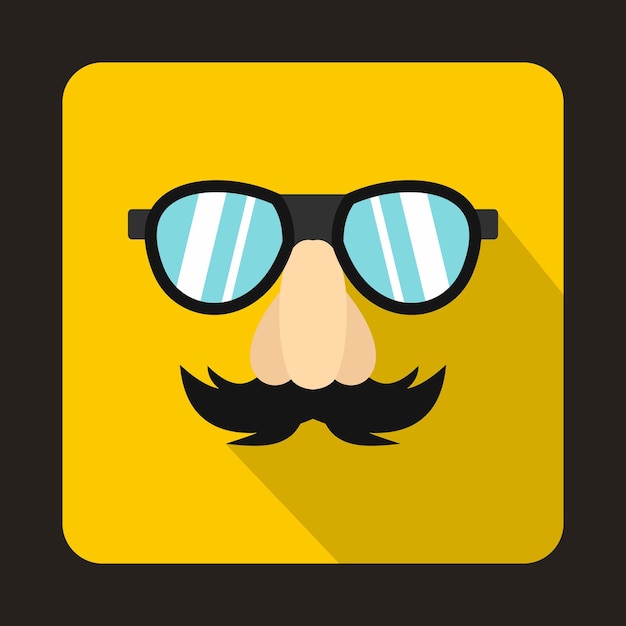 Comedy-ikone mit gefälschter nase, schnurrbart, augenbrauen und brille im flachen stil auf gelbem hintergrund