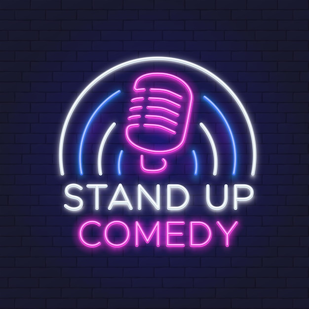 Comedy Show Leuchtreklame. Retro Mikrofon Line Design. Standup-Symbol auf Backsteinmauer-Vektorillustration. Neon Show aufstehen, Emblem Schild
