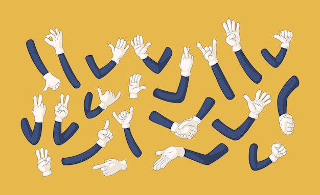 Vektor comic behandschuhte arme retro-hände in handschuhen handfigur zeigt gesten