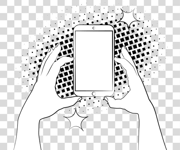 Comic-phablet mit halbtonschatten hand hält smartphone-vektor auf hintergrund isoliert