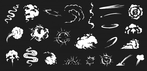 Vektor comic rauch. rauchwolken vfx, energieexplosionseffekt und cartoon-explosionsillustrationssatz