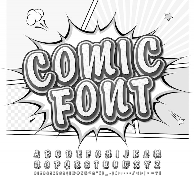 Vektor comic-schriftart. schwarzweiss-alphabet in der art von comics, pop-art